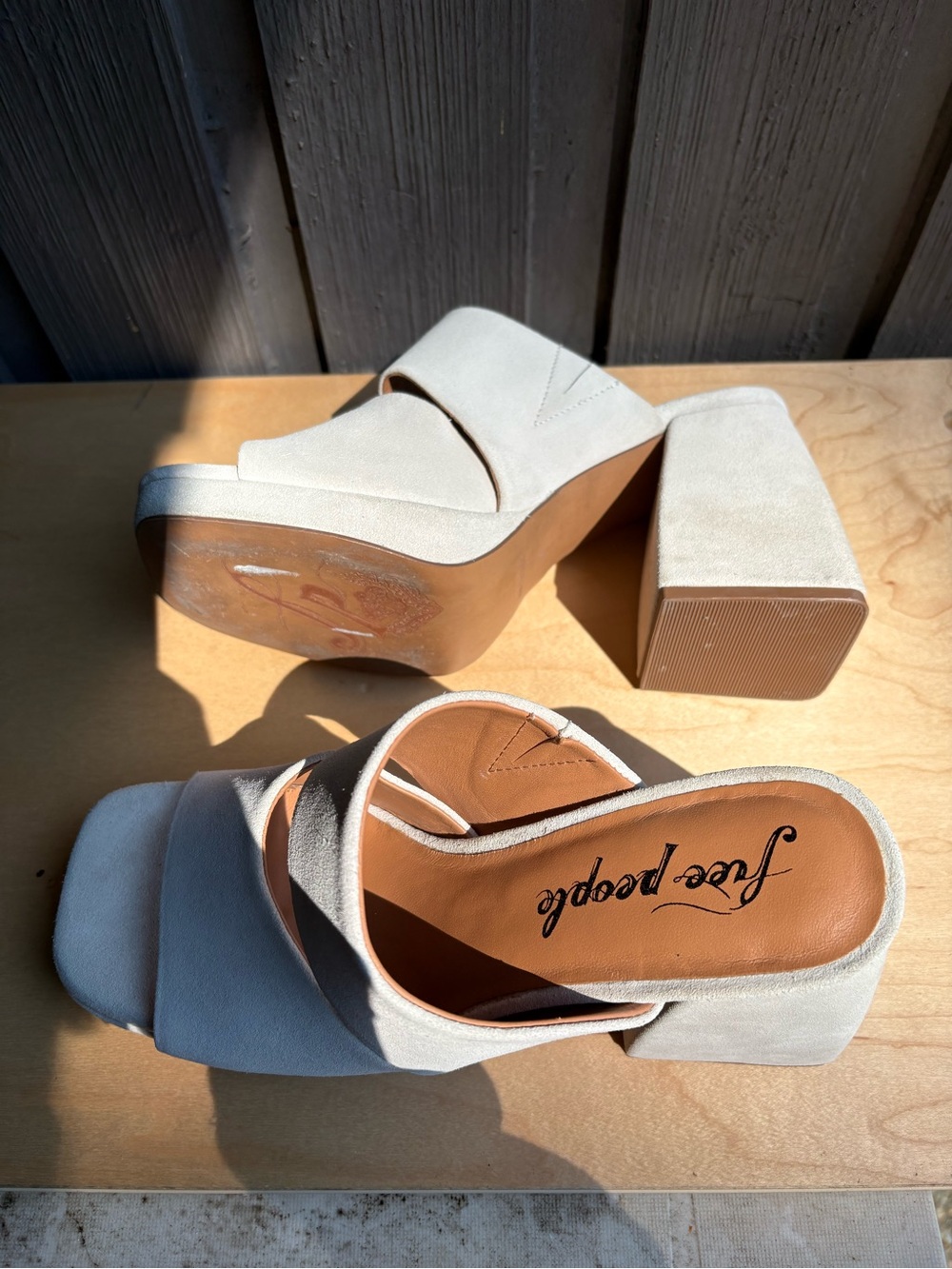 Free People Cream Suede Platform Block Heel Mules